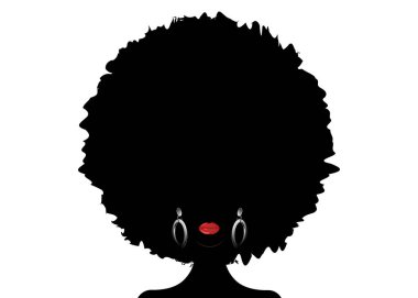 Afrikalı kadın silueti, koyu tenli, kıvırcık saçlı ve geleneksel küpeli kadın yüzü, vektör izole. Kıvırcık saç stili güzellik anlayışı. Afro Caz Müziği. Beyaz arkaplan