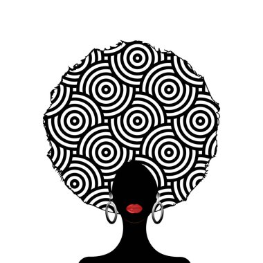 portrait African Woman silhouette,  dark skin female face with afro curly hair and ethnic traditional earrings, vector isolated. Curly hairstyle beauty concept. White background  clipart