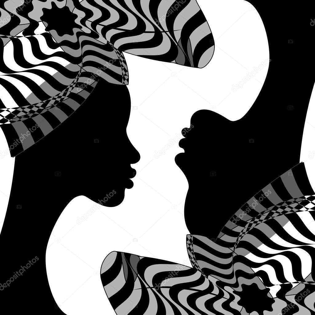 A Gemini twins horoscope astrology zodiac sign symbol, black women portrait in striped afro turban, vector isolated on white background