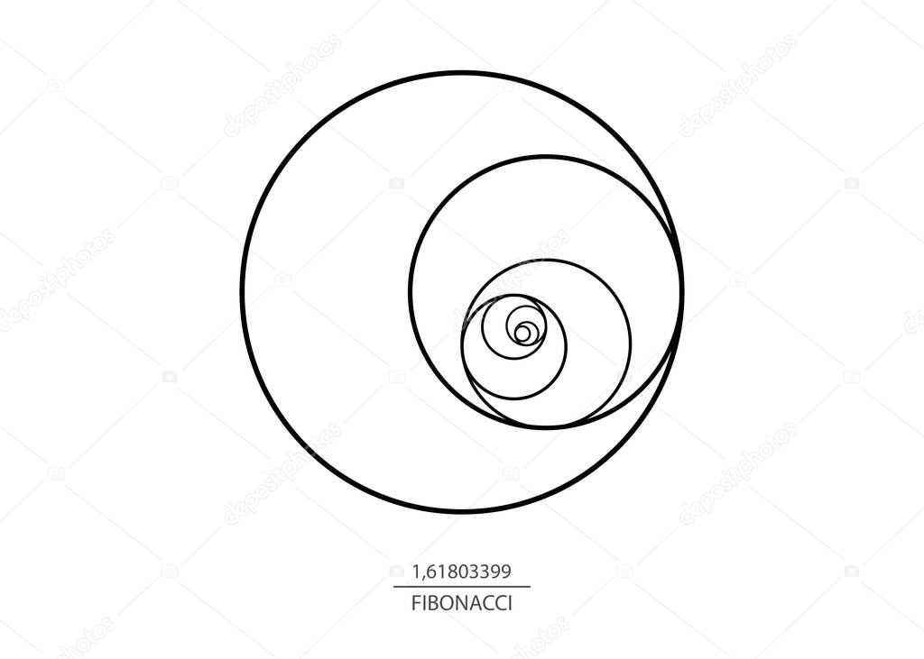 Fibonacci Sequence Circle. Golden ratio. Geometric shapes spiral. Circles in golden proportion. Futuristic minimalist fashion design. Logo. Vector icon isolate on white background