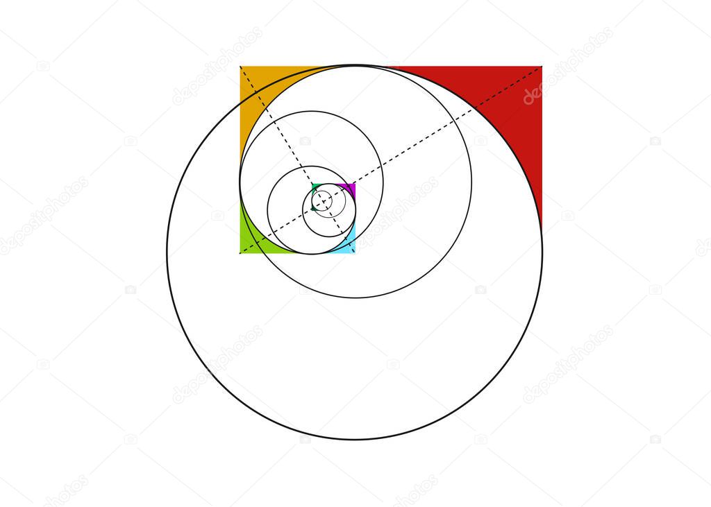 Fibonacci Sequence Circle. Golden ratio. Geometric shapes spiral. Circles in golden proportion. Colorful Futuristic minimalist fashion design. Logo. Vector icon isolate on white background 