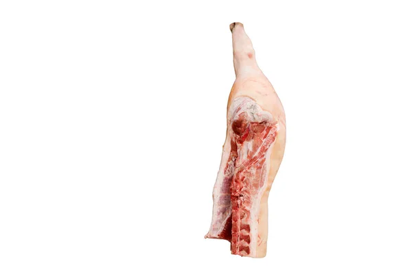 Carne crua. Lado da carcaça de porco. Fundo branco — Fotografia de Stock