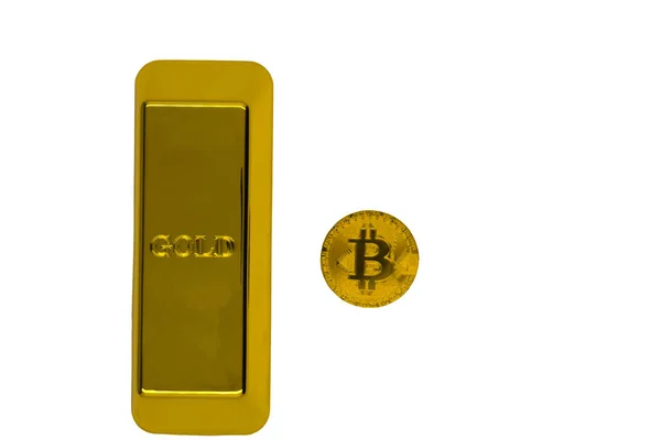 Primer plano de una gran pepita de oro y oro Bitcoin moneda sobre un fondo negro. El bitcoin criptomoneda. aislar  . — Foto de Stock