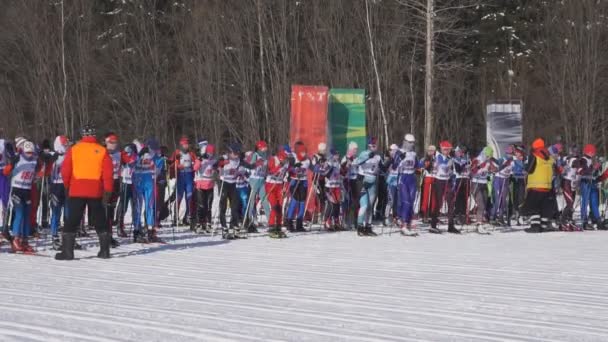 Rusia Berezniki Marzo 2018 Muchos Esquiadores Esperan Inicio Carrera Esquí — Vídeo de stock