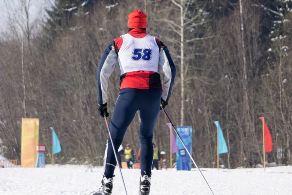 In de kamer skiër afdaling skiën in de hoge bergen . — Stockfoto