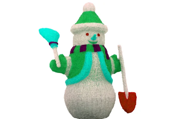 Gelukkig sneeuwpop in gebreide muts en sjaal en wanten geïsoleerd op witte achtergrond — Stockfoto