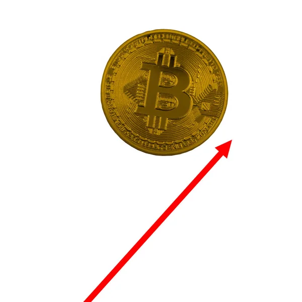 Der Wachstumspfeil der Bitcoin-Währung zeigt nach oben und der Gold-Bitcoin nach unten. Kopierraum für Text. — Stockfoto