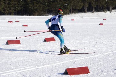 Dağların manzarasına bakan kayakçılar karın üzerinde otururken, arka plan manzarası