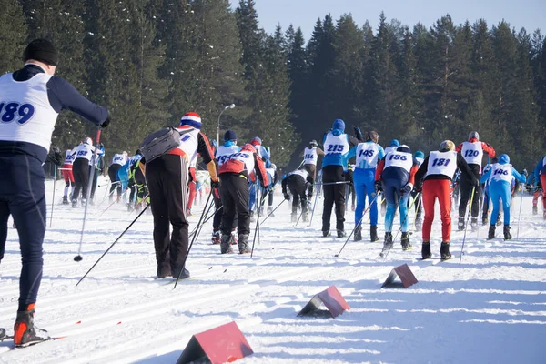 Alpensia Kros Kayak Merkezi 'nde düzenlenen Kış Olimpiyatları' nda 15 km 'lik Erkekler Skiathlon' da toplu başlangıç mücadelesi