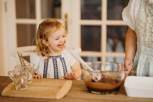 Adorable Little Girl Cooking Home — Stock Photo, Image