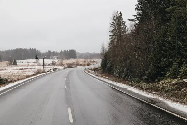 Vista de estrada com queda de neve — Fotografia de Stock