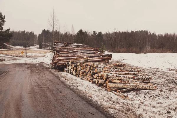 Η ξυλεία περιμένει στην άκρη του δρόμου. — Φωτογραφία Αρχείου