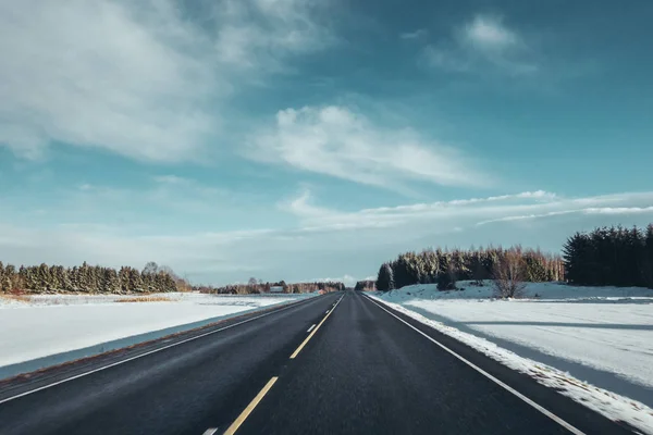 Estrada vazia em um dia ensolarado de inverno com floresta no horizonte — Fotografia de Stock