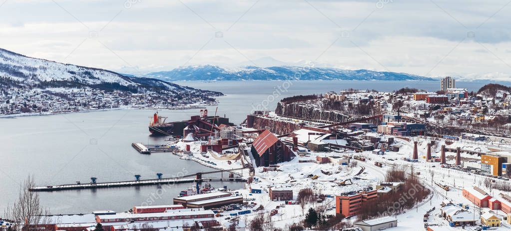 Panorama Norway Narvik, view of the city and the bay, with one ship being loaded up at the iron ore plant