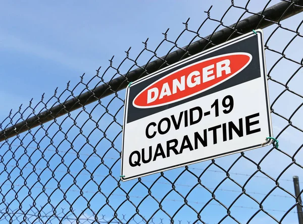 Danger Covid Quarantine Warning Sign Fence Blue Sky Background — Stock Photo, Image