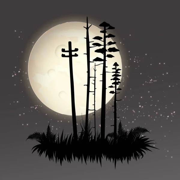 Landschap met silhouet bos en maan — Stockvector