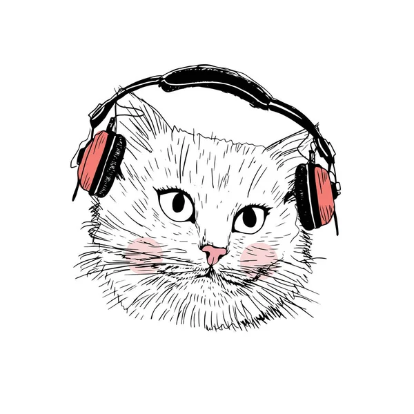 Gatinho bonito usando fones de ouvido — Vetor de Stock