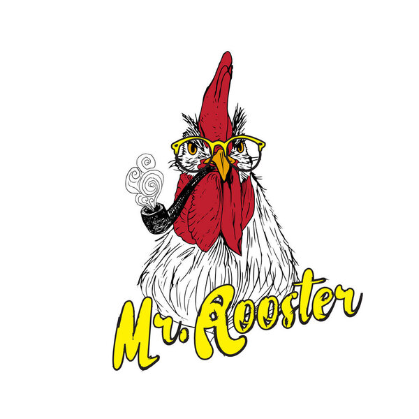 Cartoon Rooster with pipe and glasses