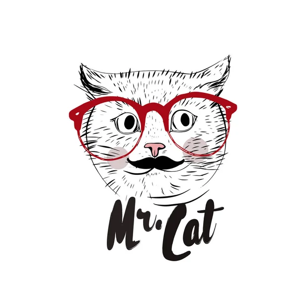 Lindo gatito y gafas rojas — Vector de stock