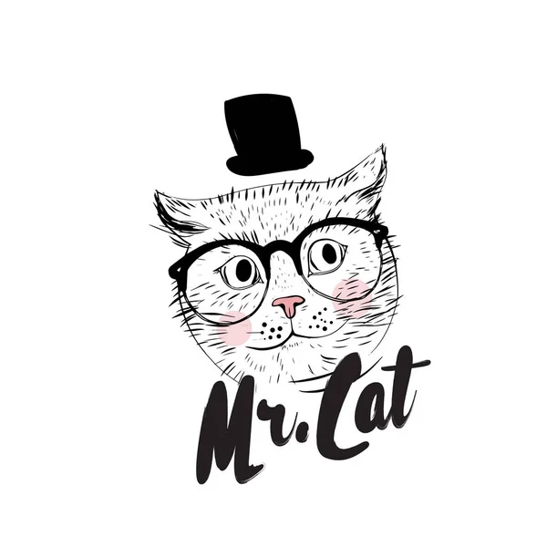 Lindo gato y sombrero con inscripción — Vector de stock