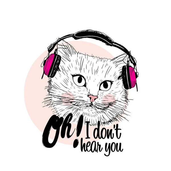 Lindo gato usando auriculares — Vector de stock