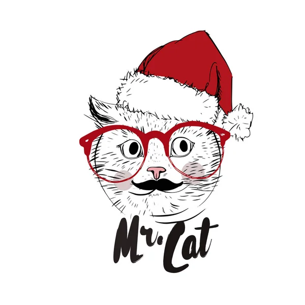 Niedliche Miezekatze mit Weihnachtsmütze und Brille — Stockvektor