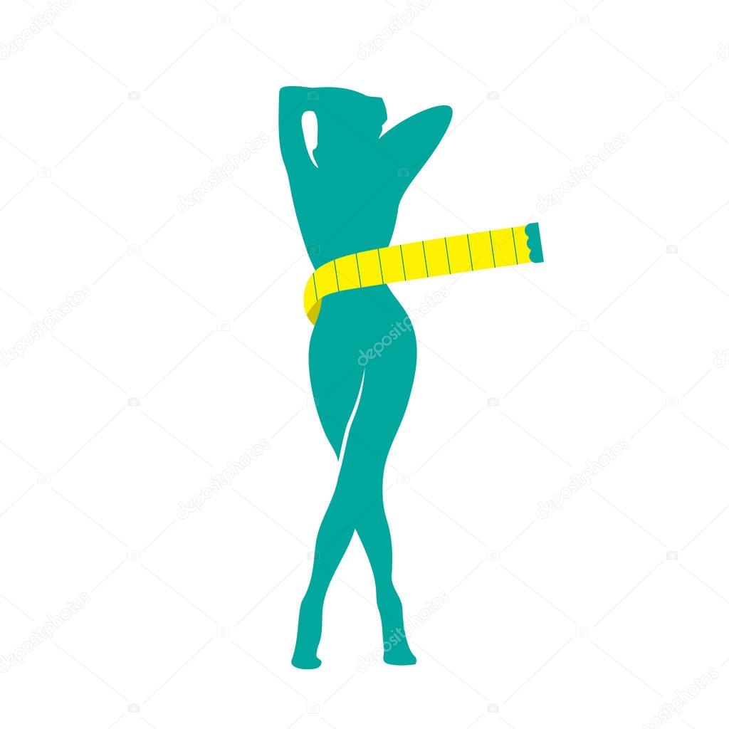 Silhouette woman with centimeter on white background, weight loss shape concept