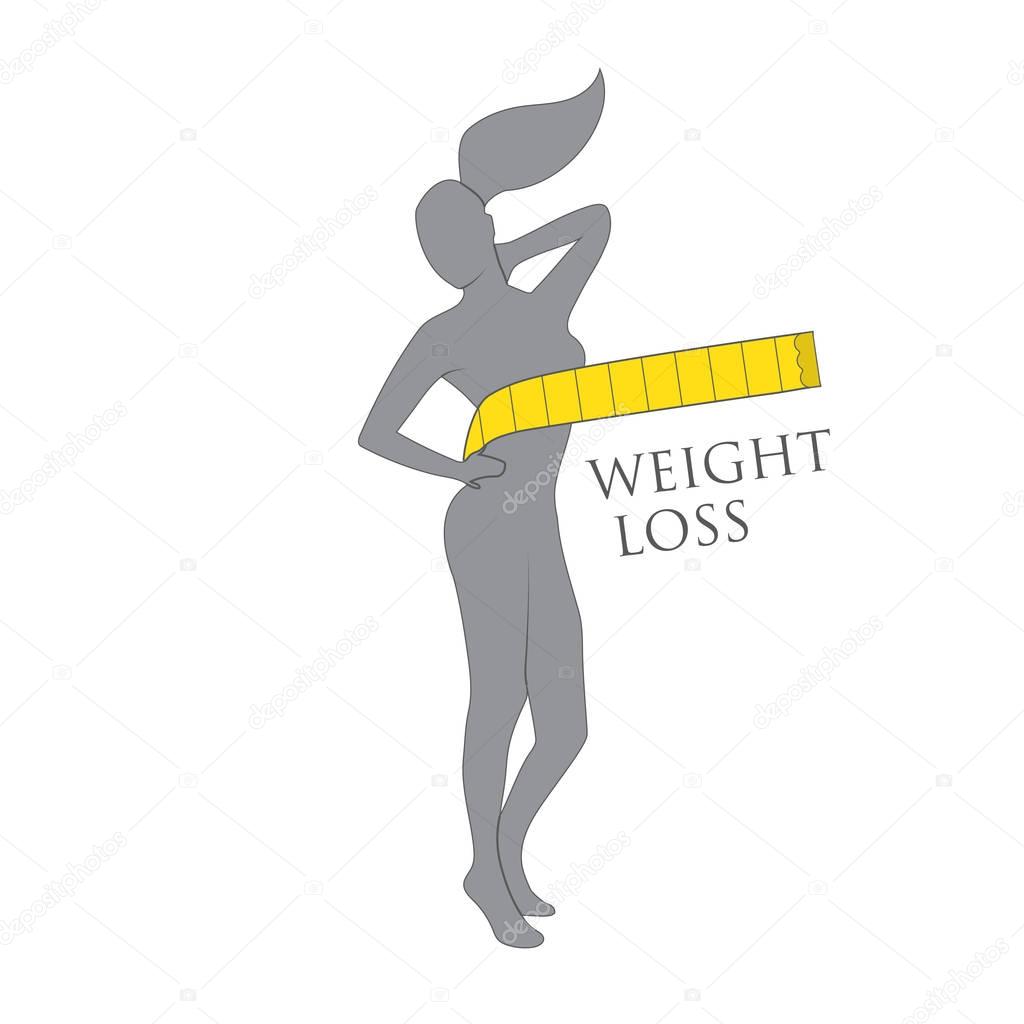 Silhouette woman with centimeter on white background, weight loss shape concept