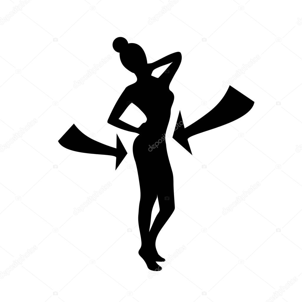 Silhouette woman with arrows on white background, weight loss shape concept