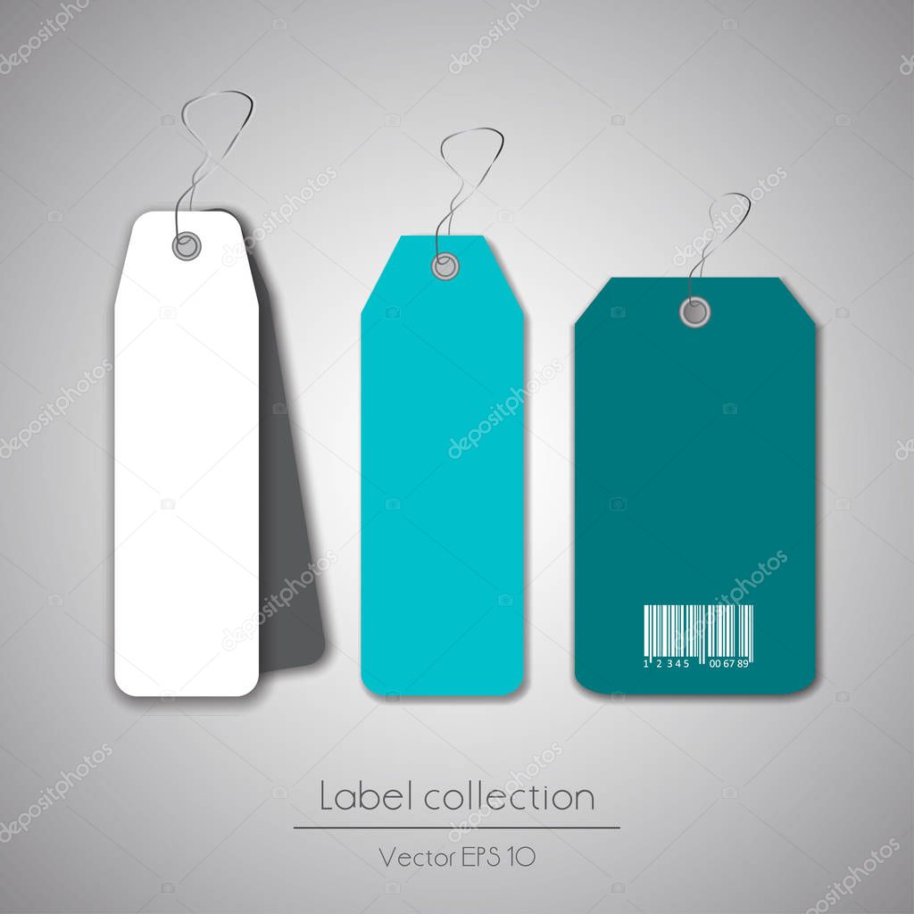 blue and white hanging labels