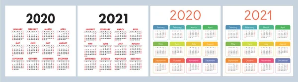 Календар 2020 2021 Квадратний Вектор Календаря Англійський Колорит Тиждень Починається — стоковий вектор