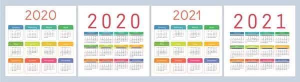 2020年 2021年 正方形ベクトルカレンダーデザインテンプレート 英語のカラフルなセット 週は日曜日に始まります — ストックベクタ