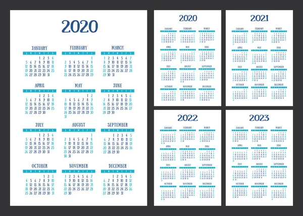 Calendario 2020 2021 2022 2023 Juego Vectores Color Azul Inglés — Vector de stock