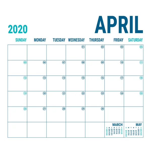 April 2020 Calendar Planner English Calender Template Vector Square Grid — 스톡 벡터