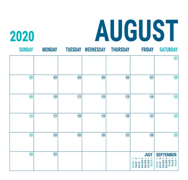 Srpen 2020 Kalendář Plánovač Šablona Anglického Kalendáře Vektorová Čtvercová Síť — Stockový vektor