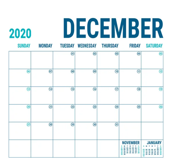 Грудень 2020 Планувальник Календаря Англійський Шаблон Календаря Векторна Квадратна Сітка — стоковий вектор