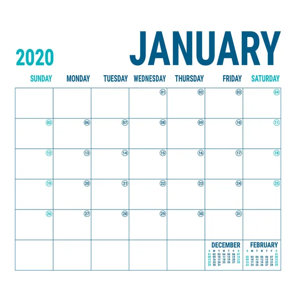 Січень 2020 Планувальник Календаря Англійський Шаблон Календаря Векторна Квадратна Сітка — стоковий вектор