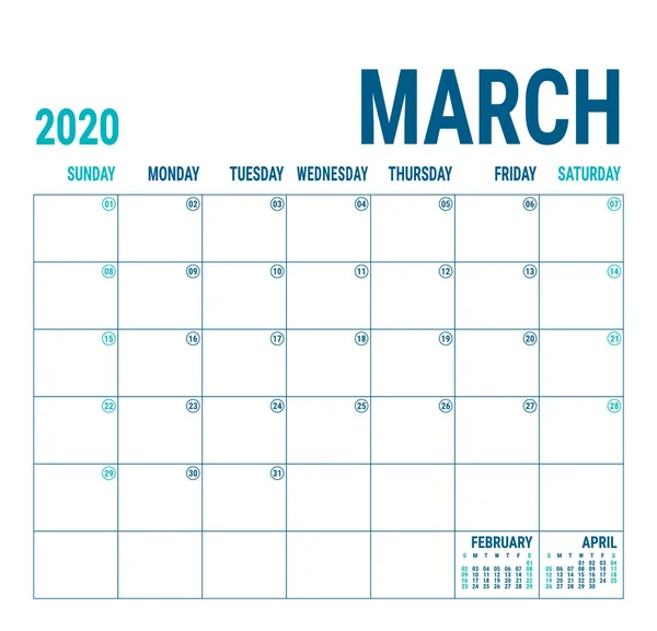 Березень 2020 Планувальник Календаря Англійський Шаблон Календаря Векторна Квадратна Сітка — стоковий вектор
