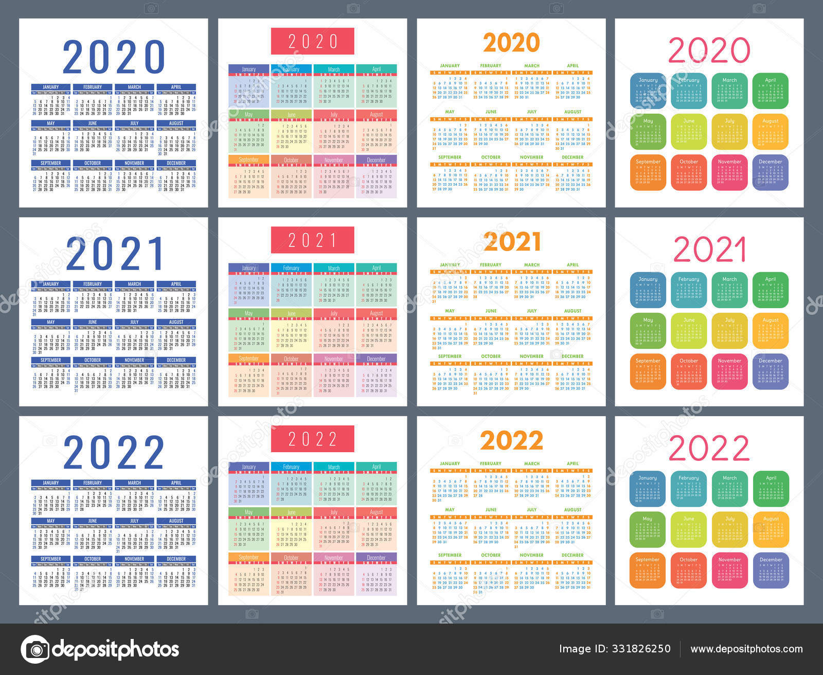 Calendar 2020 2021 2022 Years Pocket Calender Colorful Set Week Stock Vector C Ra Khusnullina Gmail Com14722860aef0a814722860 331826250