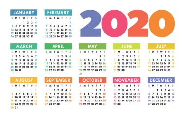 Takvim 2020 vektör cep temel ızgara. Basit tasarım şablonu