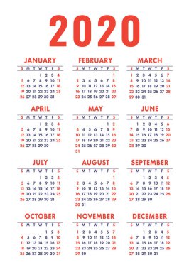 Calendar 2020 year. Vector design template. English vertical pocket calender. Week starts on Sunday