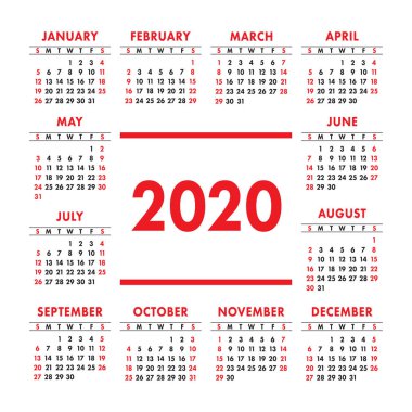 Calendar 2020 year. Vector design template. Color English square pocket calender. Week starts on Sunday
