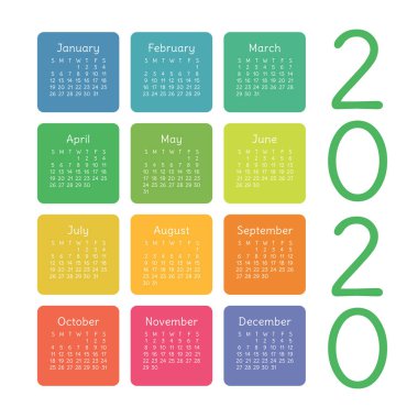 Calendar 2020 year. Vector design template. Colorful English squ