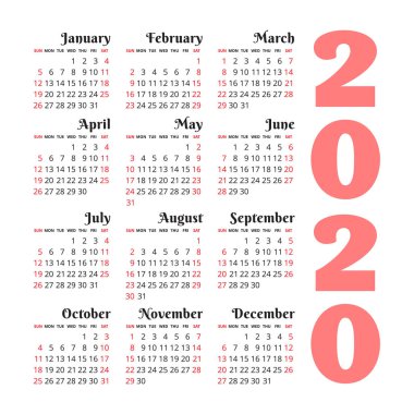 Calendar 2020 year. Vector design template. Color English square
