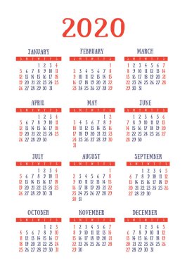 Calendar 2020 year. Vector design template. English vertical poc