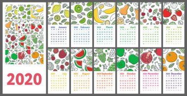 Calendar 2020. Vector English flip wall calender. Fruits, berries. Lemon, kiwi, banana, pear, cherry, strawberry, raspberry, watermelon, grapes, apple, pomegranate and mandarin. Doodle sketch. Hand drawn