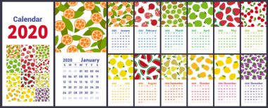 Calendar 2020. Vector English wall calender. Lemon, kiwi, pear, garnet, orange, pineapple, cherry, strawberry, watermelon, grapes, merry, apple, pomegranate and mandarin. Hand drawn. Fruits, berries. Doodle sketch