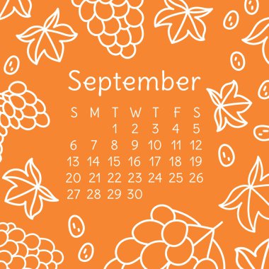Calendar September 2020. Vector English wall calender template. Fruits, berries. Grapes. Hand drawn design. Doodle sketch. Sunday