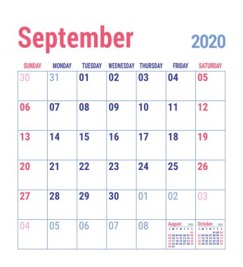 Calendar September 2020. English calender template. Vector grid. Office business planning. Simple design