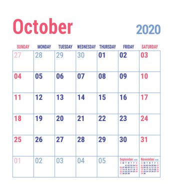 Calendar October 2020. English calender template. Vector grid. Office business planning. Simple design